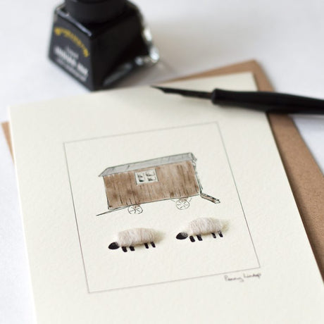 Sheep and Shepherd's Hut greetings card