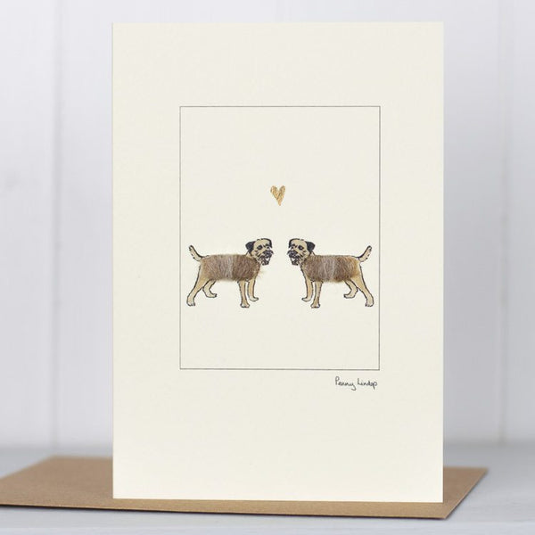 Border Terriers in love greetings card