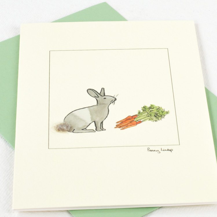 Dutch rabbit and carrots greetings card