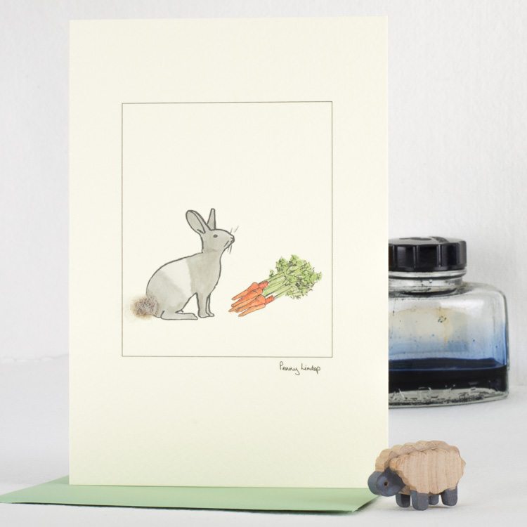 Dutch rabbit and carrots greetings card