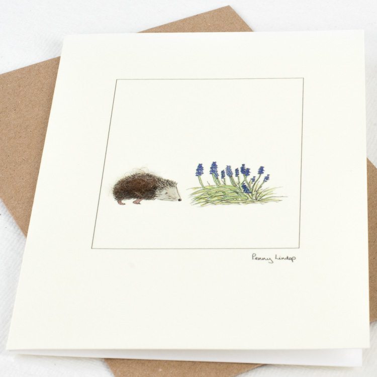 Hedgehog & Grape Hyacinths greetings card