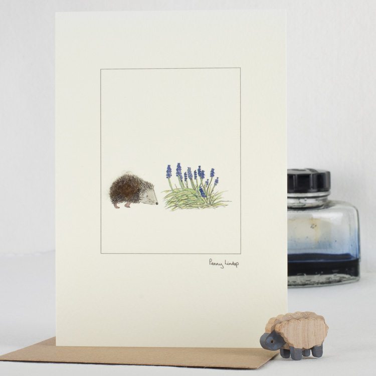 Hedgehog & Grape Hyacinths card