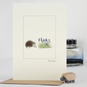 Hedgehog & Grape Hyacinths greetings card