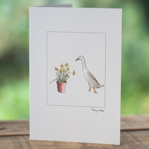 Indian Runner Duck & Daffodils greetings card