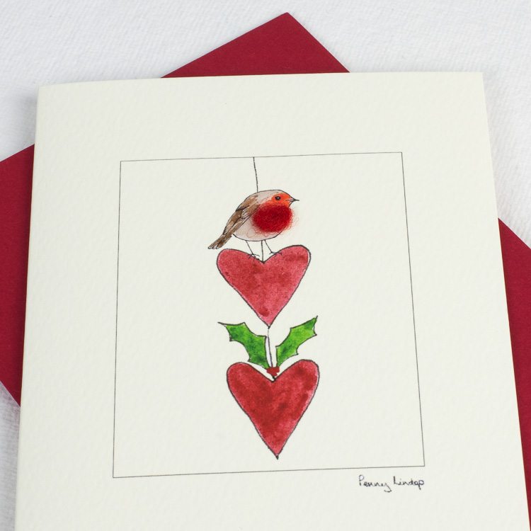 Robin & Hanging Hearts Christmas card