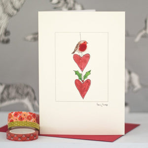 Robin & Hanging Hearts Christmas card