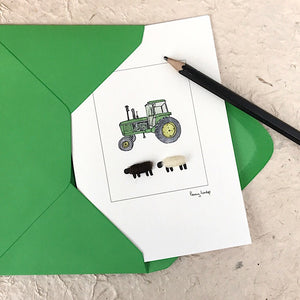 Sheep & John Deere Tractor greetings card